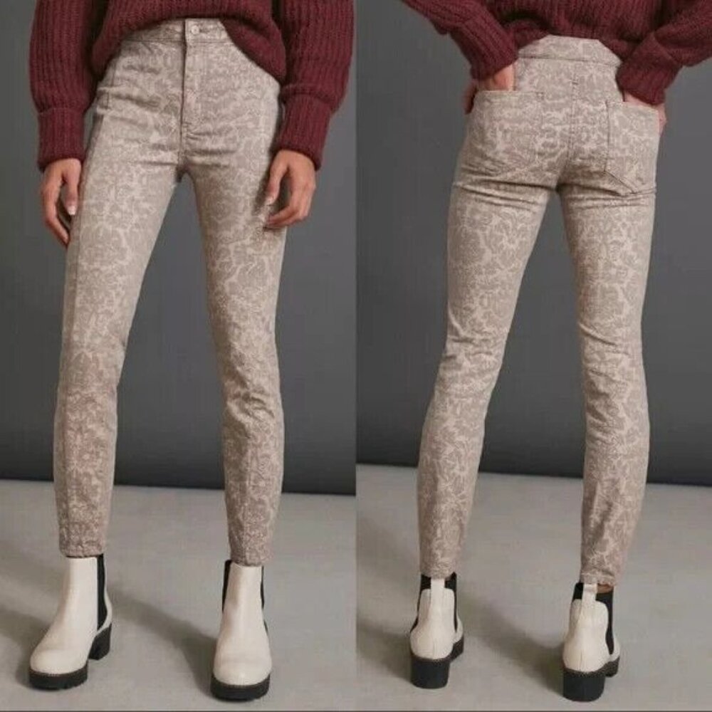 Anthropologie PILCRO High Rise Denim Flocked Legging Sz 26 Floral Print Tan NWT